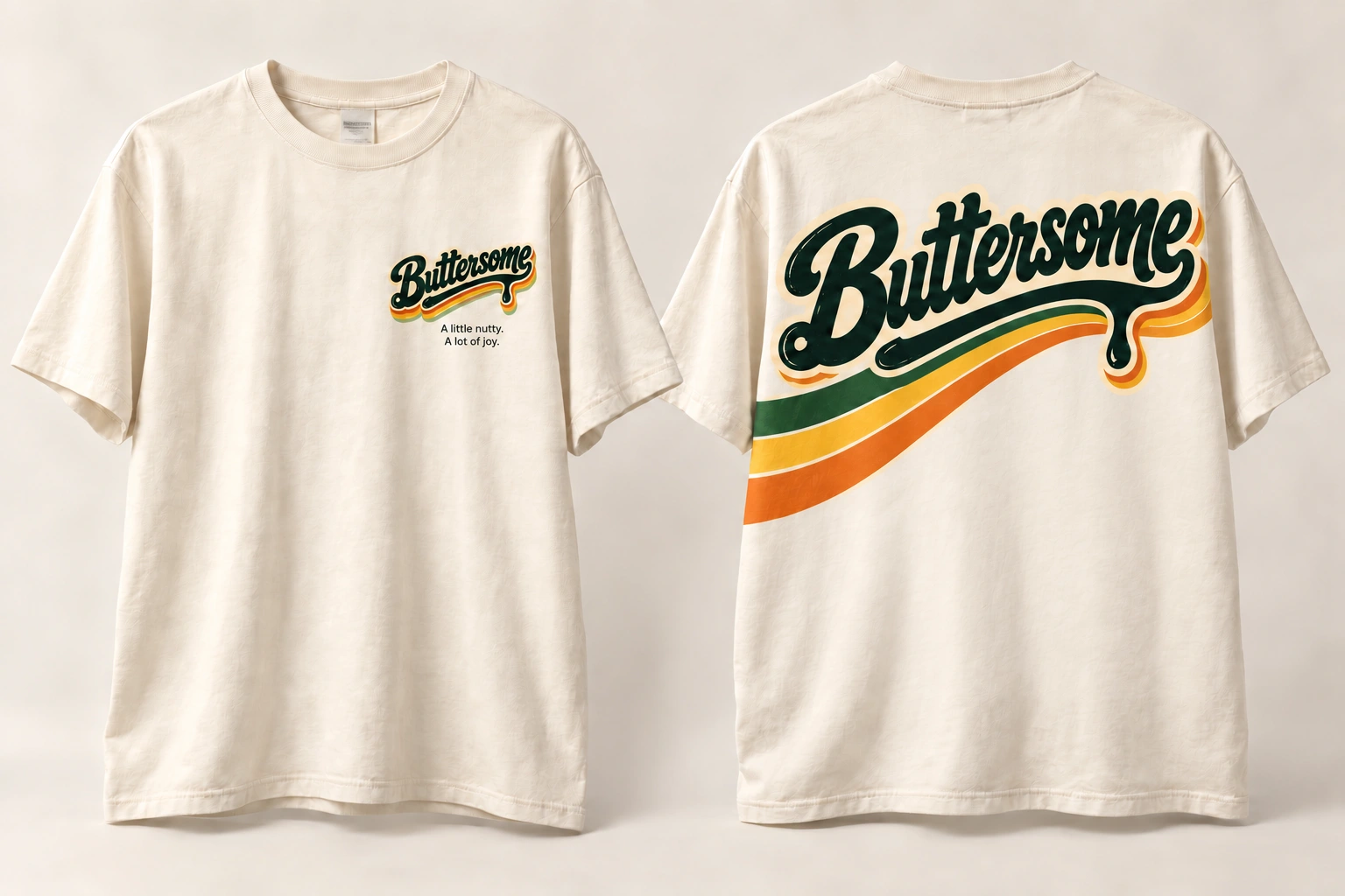 Front and back of the warm cream Buttersome tee: small chest logo and black tagline, large back wordmark with flowing green, yellow, and orange bands